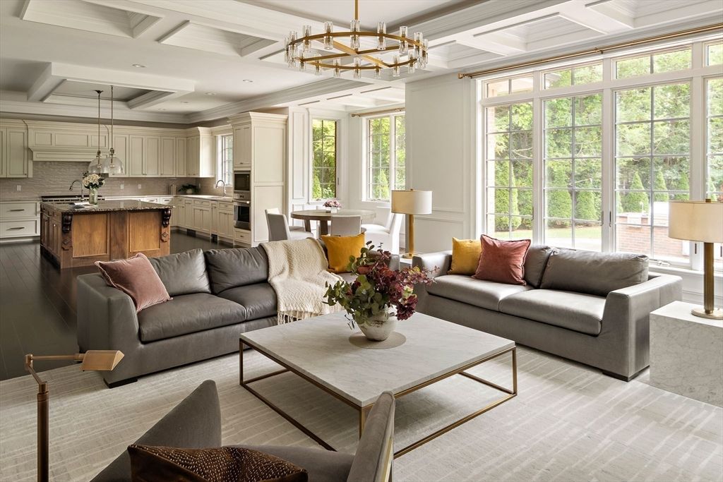 Chandelier, Dining room, Interior, Kitchen, Living room, Pendant Lights, Recessed Lighting, Stainless Steel Appliances, Wood Texture Flooring
