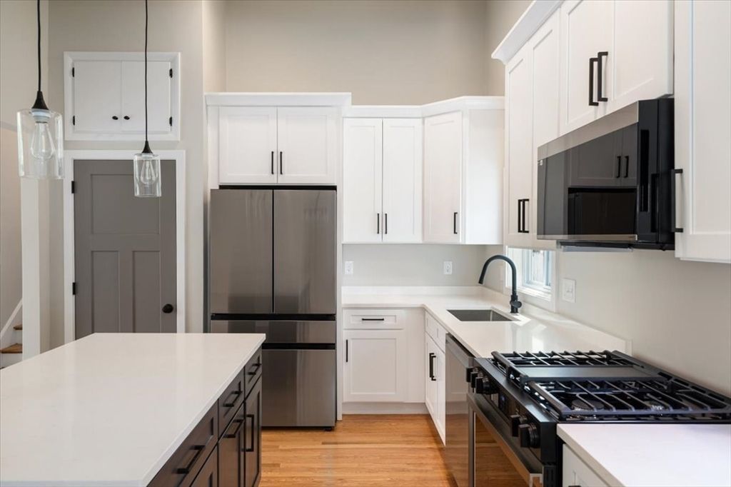 Interior, Kitchen, Pendant Lights, Stainless Steel Appliances, Wood Texture Flooring