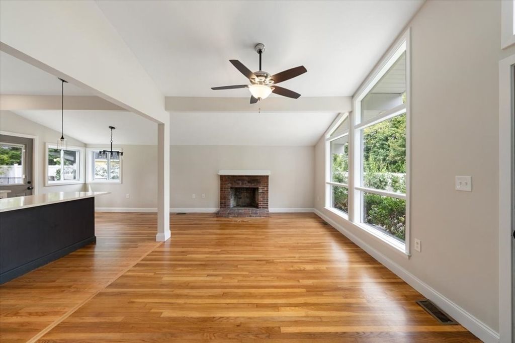 Empty room, Fireplace, Interior, Pendant Lights, Wood Texture Flooring