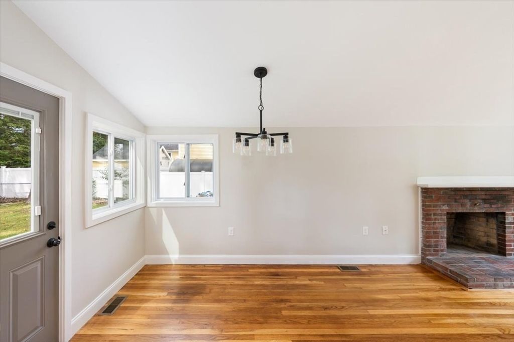Empty room, Fireplace, Interior, Pendant Lights, Wood Texture Flooring