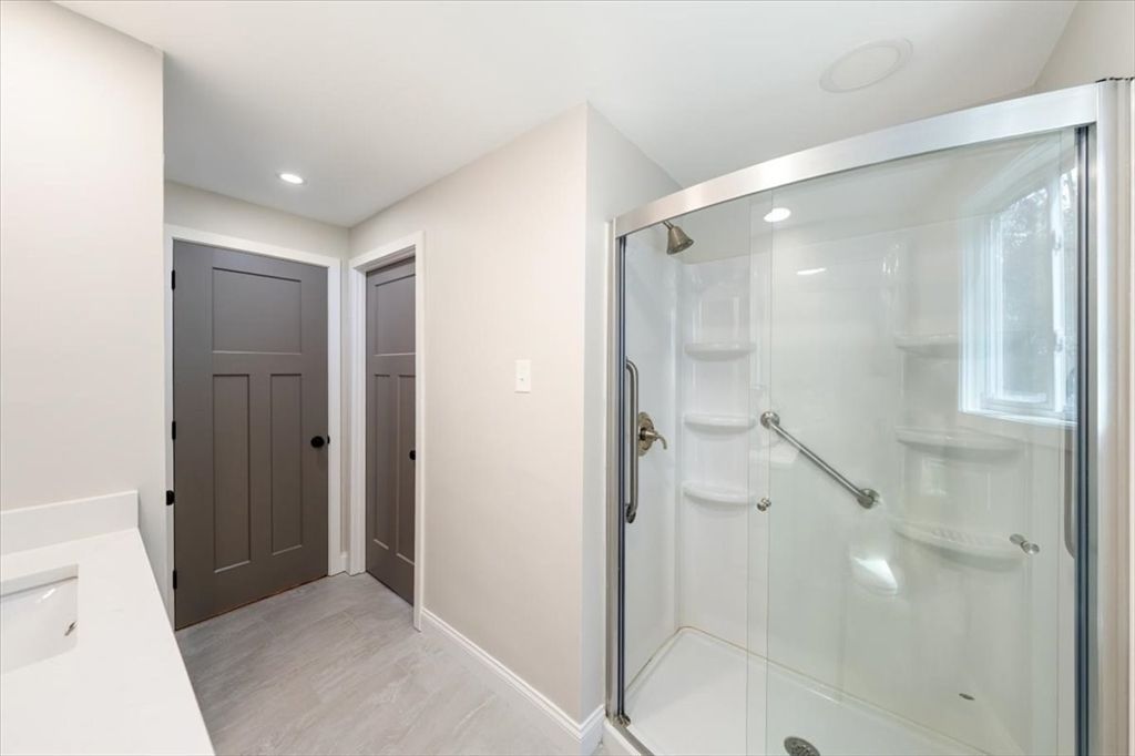 Bathroom, Glass Shower, Interior, Recessed Lighting, Wood Texture Flooring
