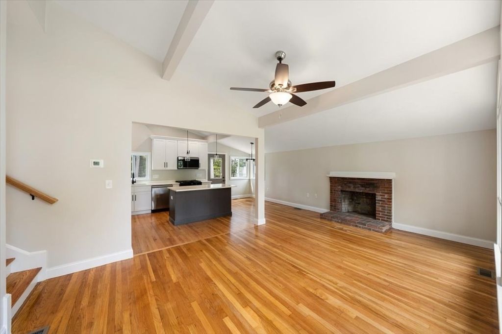 Empty room, Fireplace, Interior, Kitchen, Wood Texture Flooring