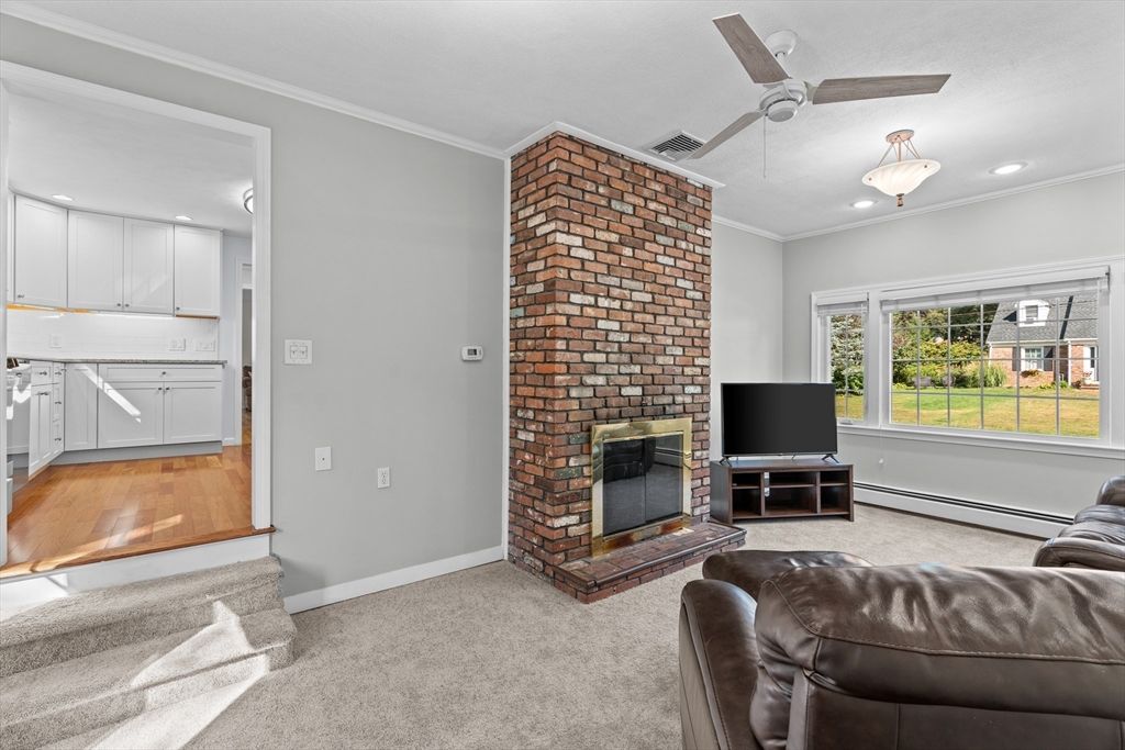 Fireplace, Interior, Kitchen, Living room, Recessed Lighting, Stone Walls, Wood Texture Flooring