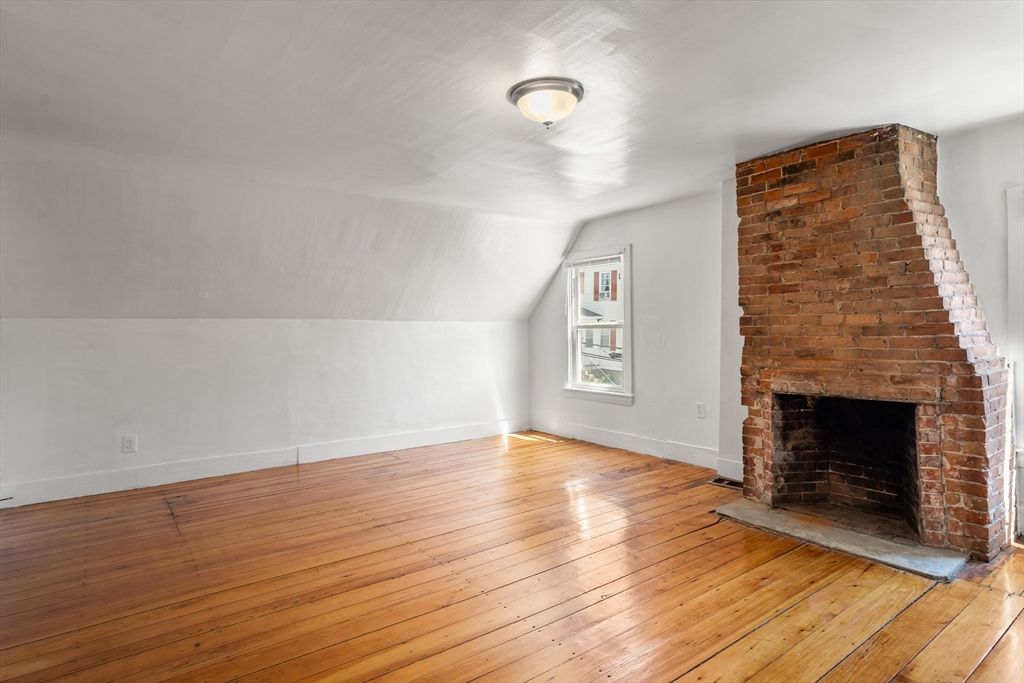 Empty room, Fireplace, Interior, Stone Walls, Wood Texture Flooring