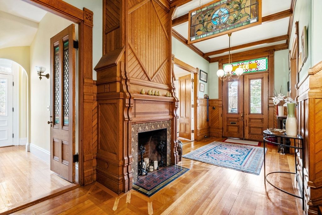 Fireplace, Interior, Pendant Lights, Wood Texture Flooring, Wooden Walls