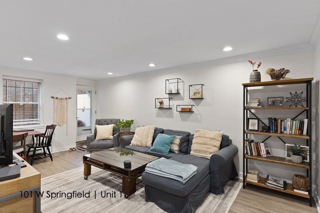Dining room, Interior, Living room, Recessed Lighting, Wood Texture Flooring