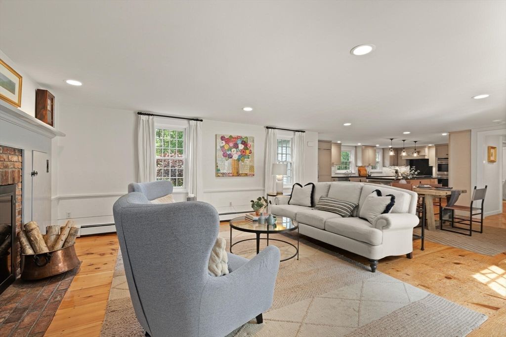 Dining room, Fireplace, Interior, Kitchen, Living room, Pendant Lights, Recessed Lighting, Stainless Steel Appliances, Wood Texture Flooring