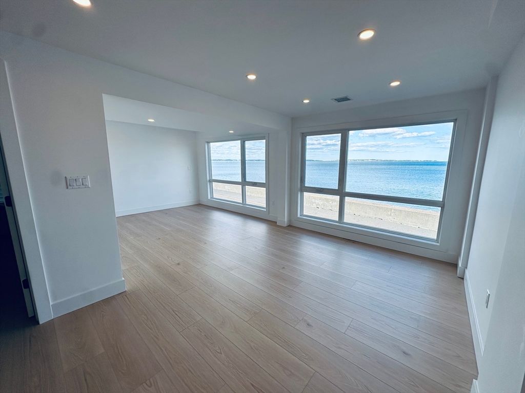Empty room, Interior, Recessed Lighting, Water, Wood Texture Flooring