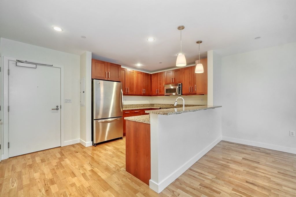 Interior, Kitchen, Pendant Lights, Recessed Lighting, Stainless Steel Appliances, Wood Texture Flooring