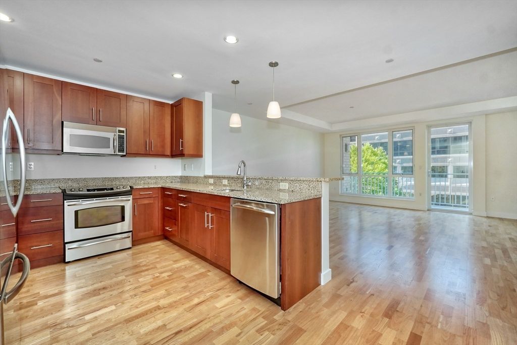 Interior, Kitchen, Pendant Lights, Recessed Lighting, Stainless Steel Appliances, Wood Texture Flooring