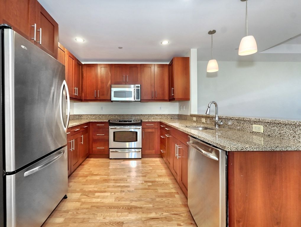 Interior, Kitchen, Pendant Lights, Recessed Lighting, Stainless Steel Appliances, Wood Texture Flooring