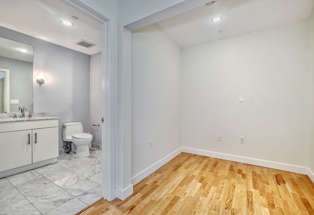 Bathroom, Interior, Marble, Recessed Lighting, Wood Texture Flooring