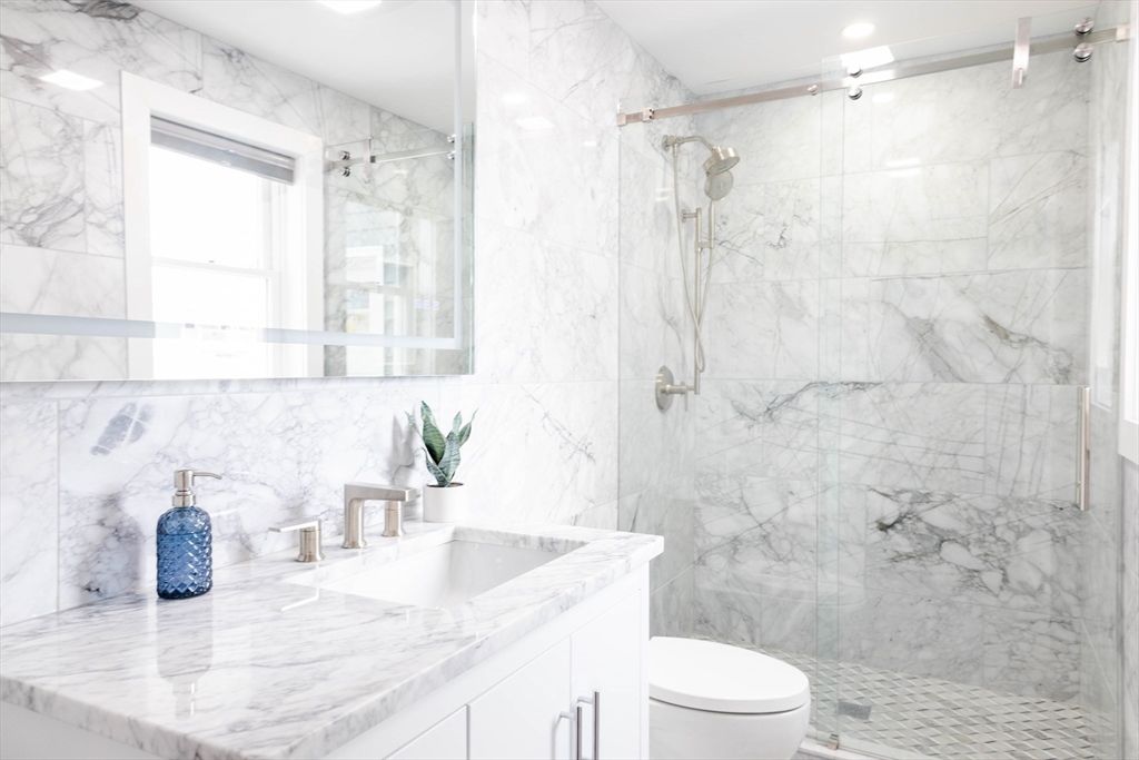 Bathroom, Glass Shower, Interior, Marble Walls, Recessed Lighting