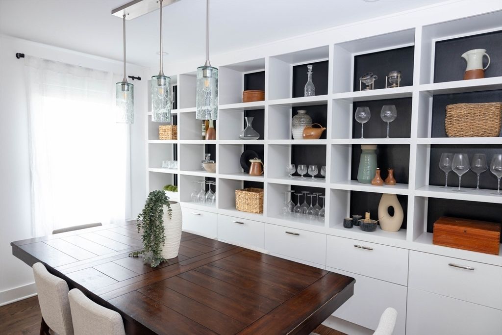 Dining room, Interior, Pendant Lights, Wood Texture Flooring