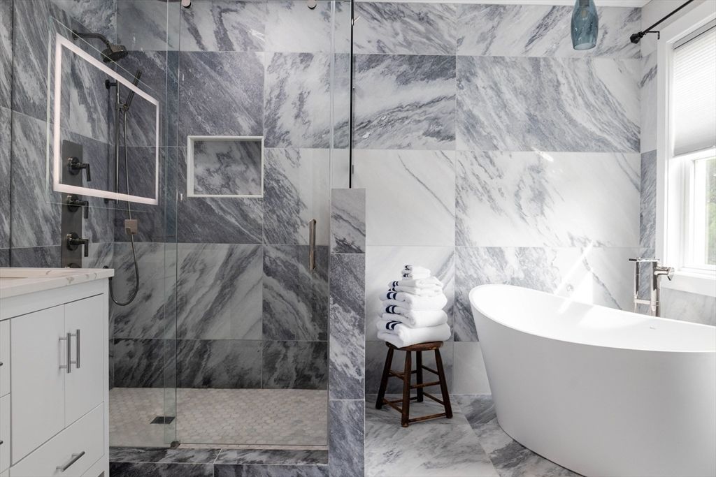 Bathroom, Free Standing Baths, Glass Shower, Interior, Marble, Marble Walls