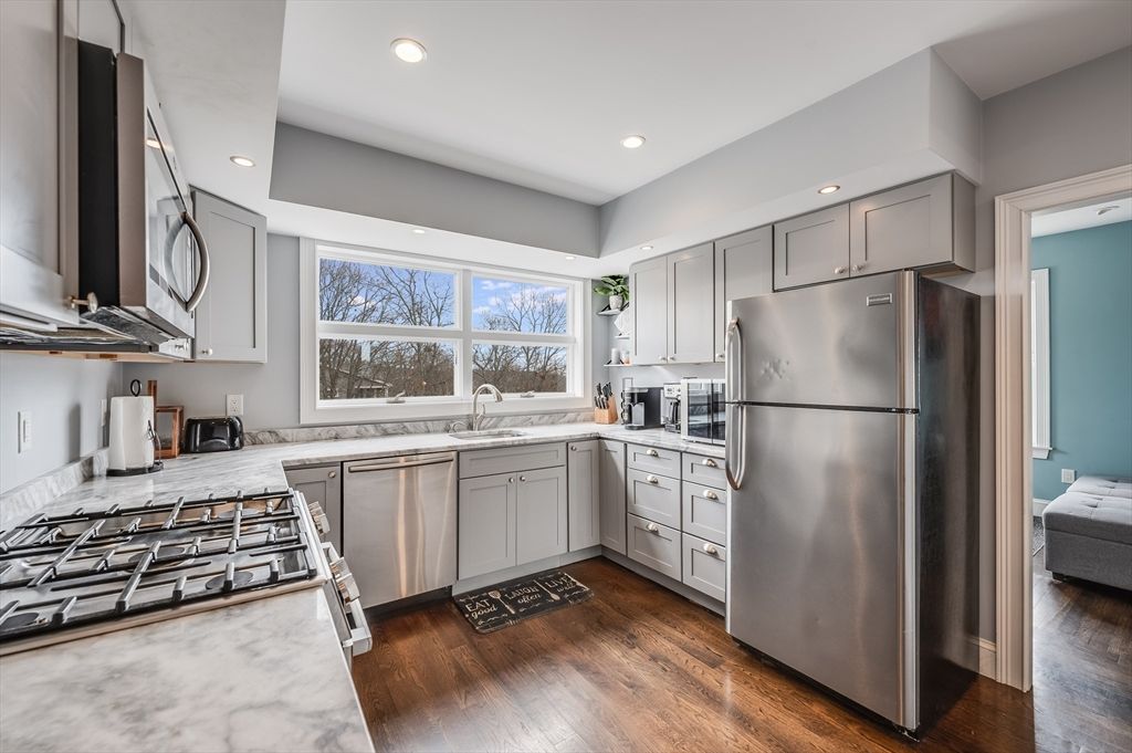 Interior, Kitchen, Recessed Lighting, Stainless Steel Appliances, Wood Texture Flooring