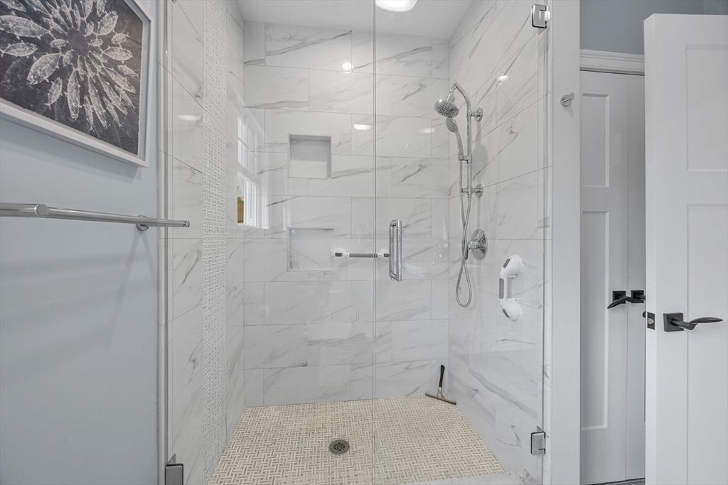 Bathroom, Glass Shower, Interior, Marble Walls, Recessed Lighting