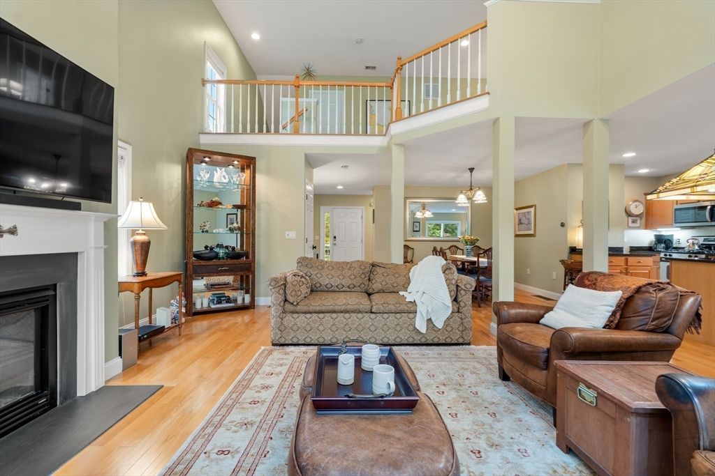 Fireplace, Interior, Kitchen, Living room, Recessed Lighting, Wood Texture Flooring
