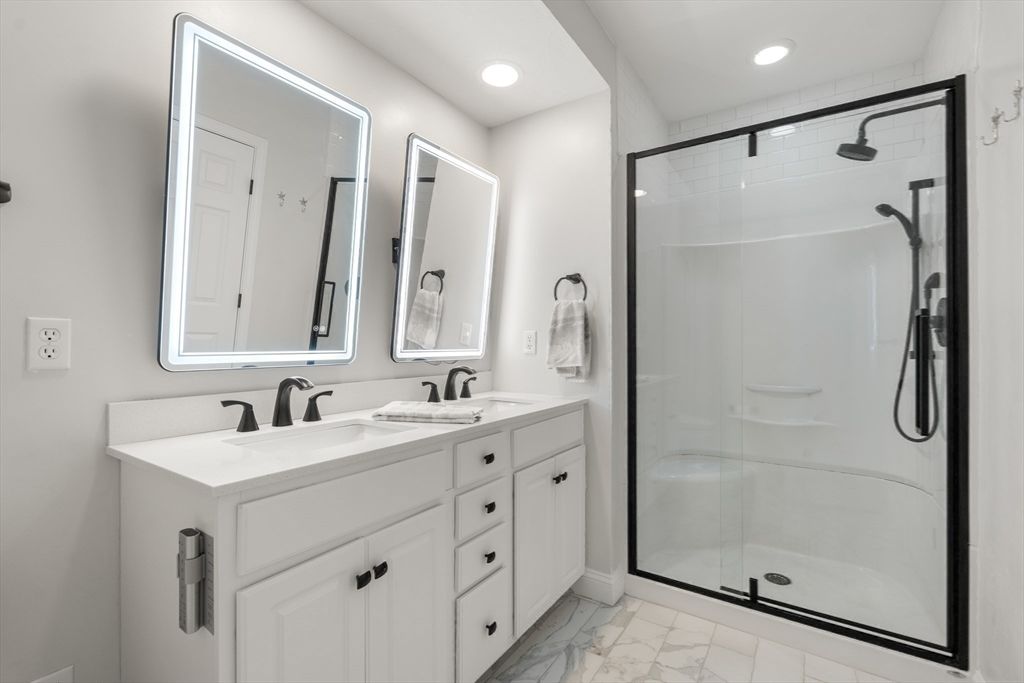 Bathroom, Dual Sink Vanities, Glass Shower, Interior, Marble, Recessed Lighting