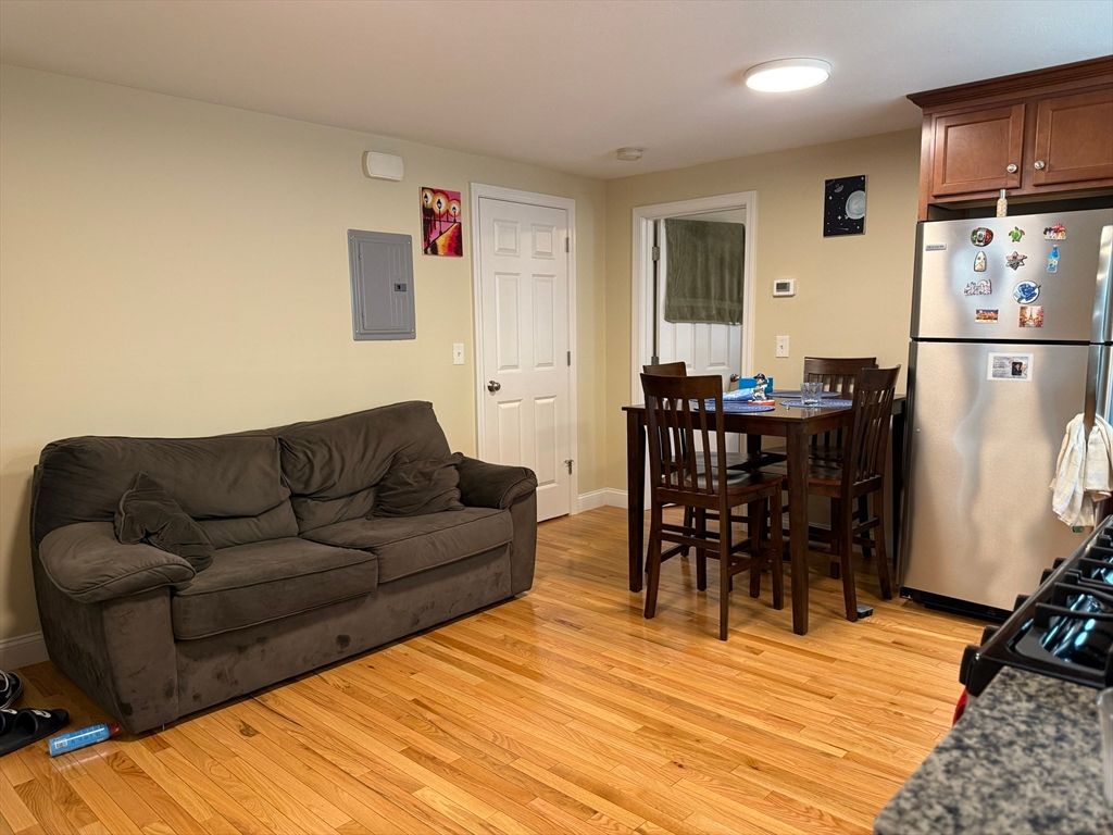 Dining room, Interior, Kitchen, Living room, Recessed Lighting, Wood Texture Flooring