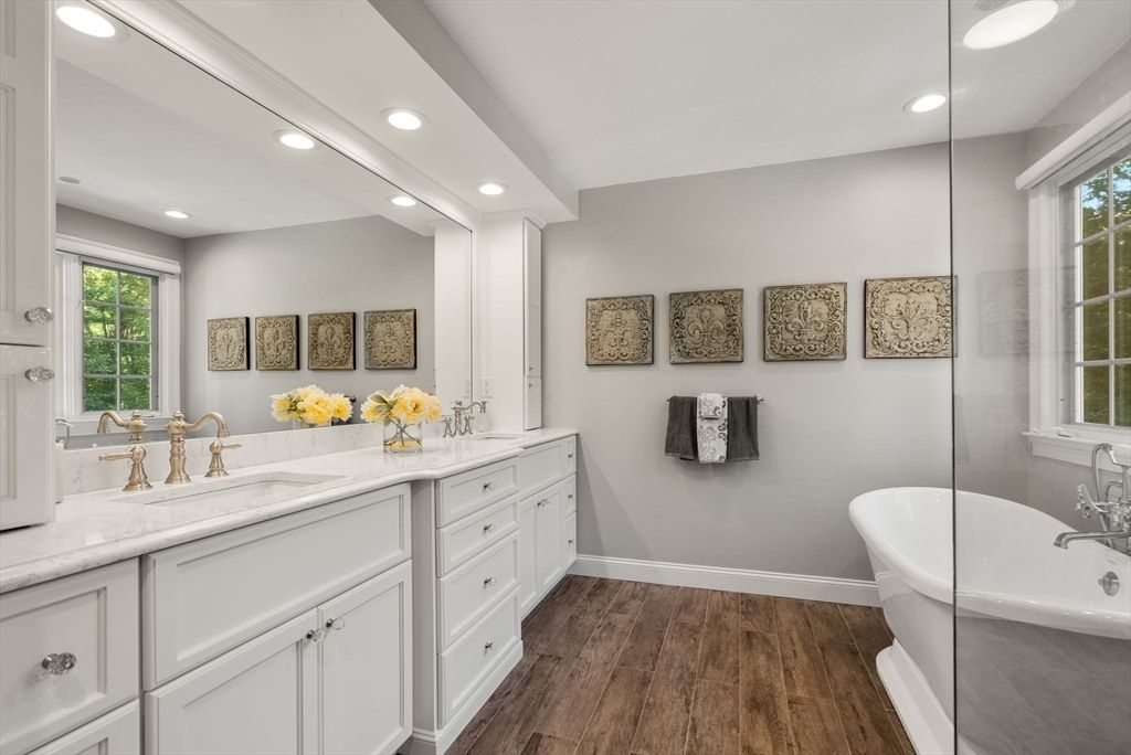 Bathroom, Dual Sink Vanities, Free Standing Baths, Interior, Recessed Lighting, Wood Texture Flooring