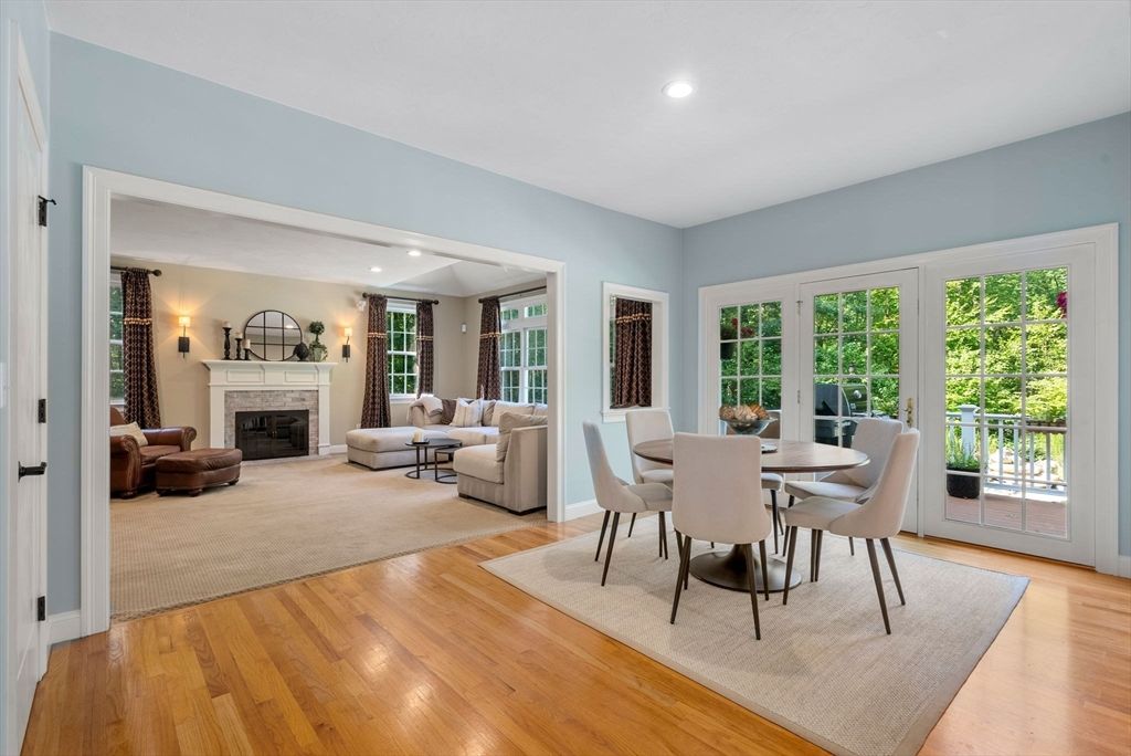 Dining room, Fireplace, Interior, Living room, Recessed Lighting, Wood Texture Flooring