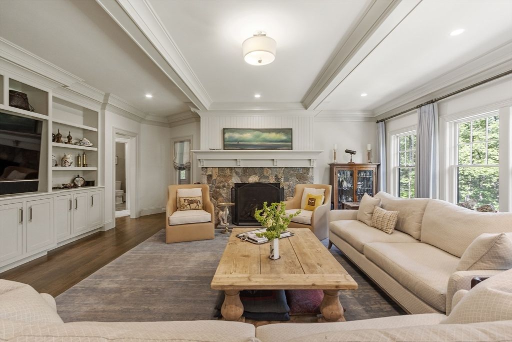 Fireplace, Interior, Living room, Recessed Lighting, Wood Texture Flooring