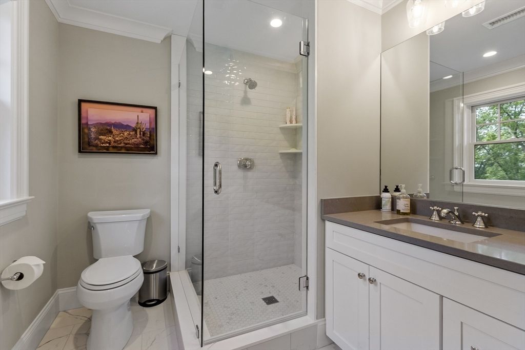 Bathroom, Glass Shower, Interior, Marble, Recessed Lighting