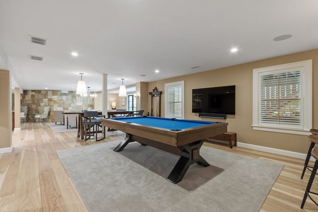 Billiard Table, Game Room, Interior, Kitchen, Pendant Lights, Recessed Lighting, Stone Walls, Wood Texture Flooring