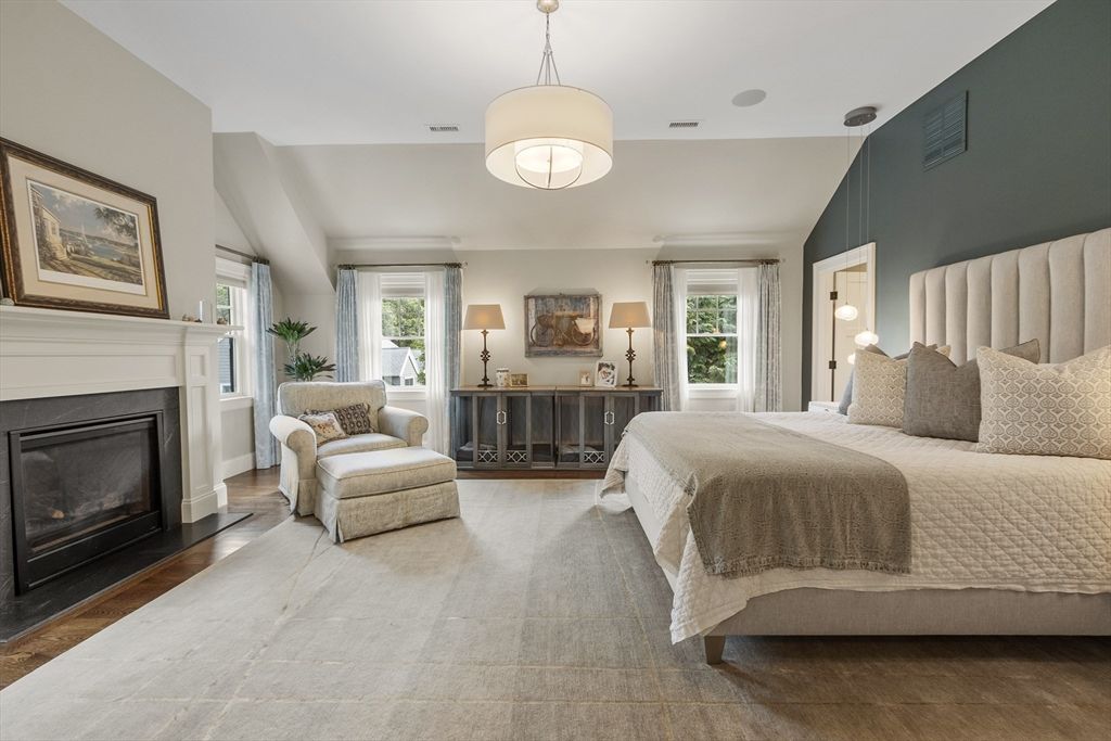 Bedroom, Fireplace, Interior, Pendant Lights, Wood Texture Flooring