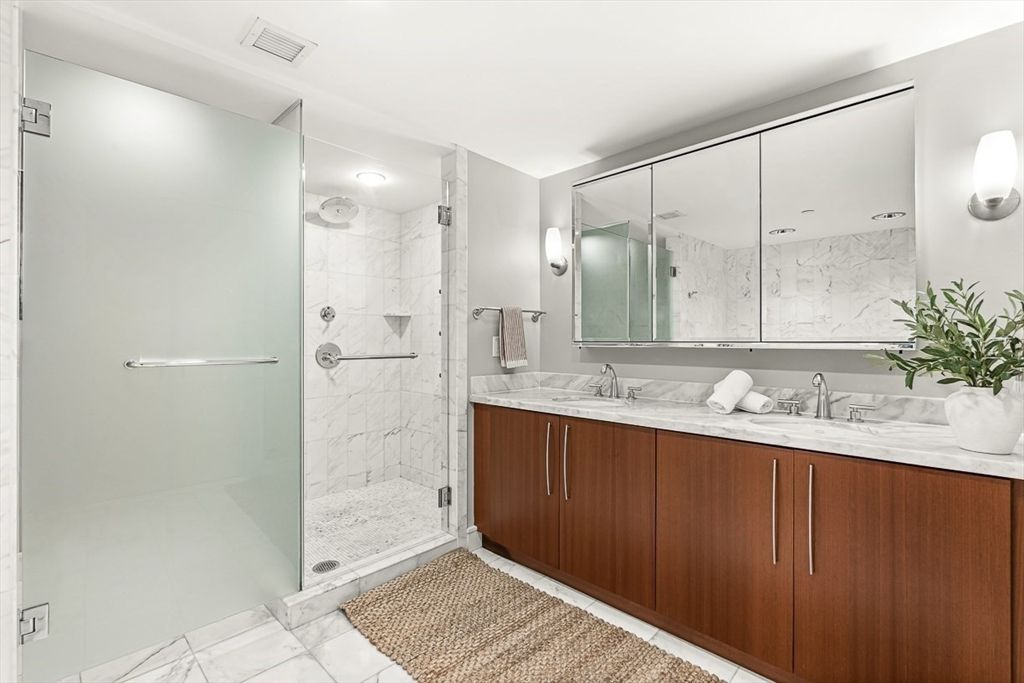 Bathroom, Dual Sink Vanities, Glass Shower, Interior, Marble, Marble Walls