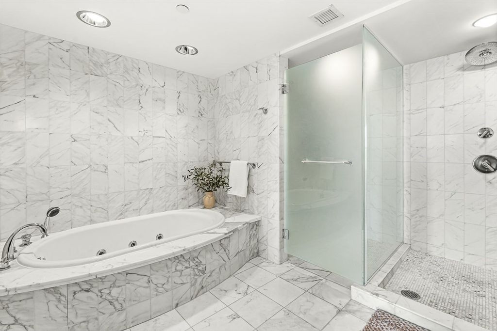 Bathroom, Glass Shower, Interior, Marble, Marble Walls, Recessed Lighting