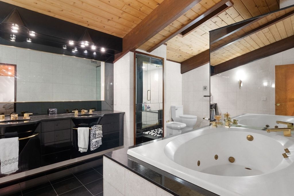 Bathroom, Dual Sink Vanities, Glass Shower, Interior, Wooden Beams, Wooden Ceilings