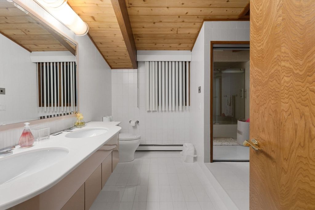 Bathroom, Dual Sink Vanities, Glass Shower, Interior, Wooden Beams, Wooden Ceilings