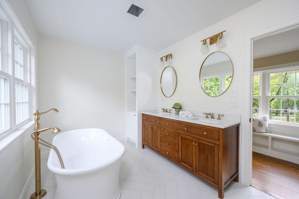 Bathroom, Dual Sink Vanities, Free Standing Baths, Interior, Wood Texture Flooring