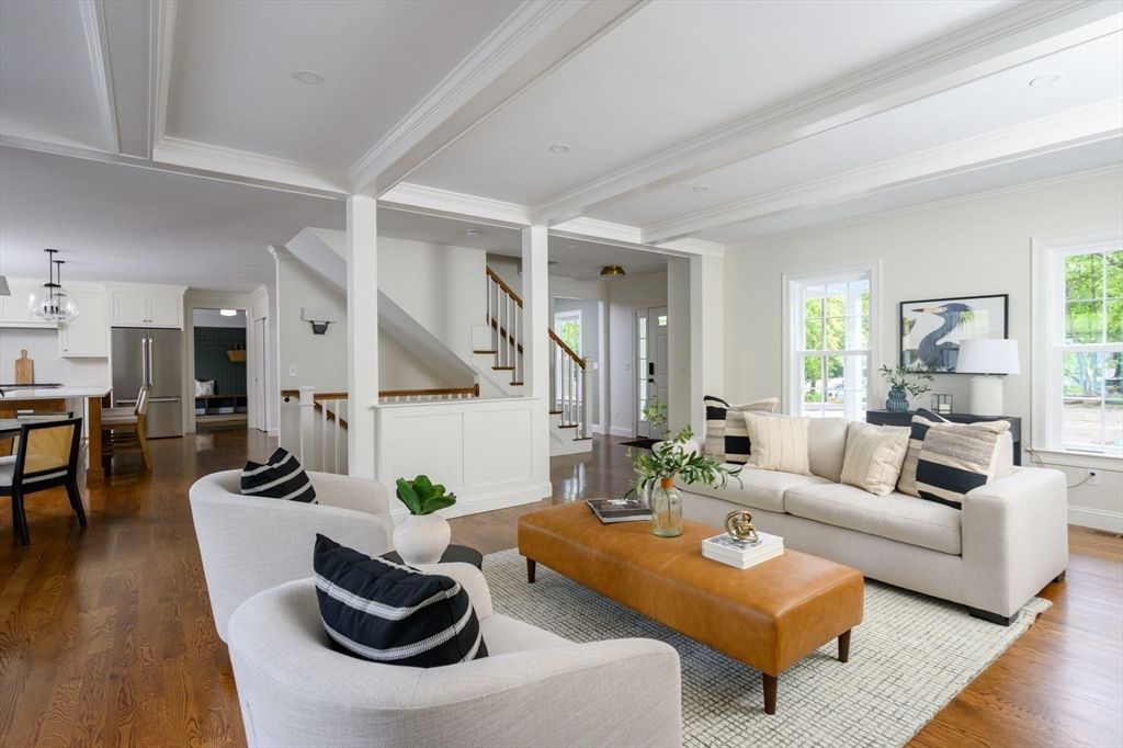 Chandelier, Interior, Kitchen, Living room, Pendant Lights, Recessed Lighting, Stainless Steel Appliances, Wood Texture Flooring