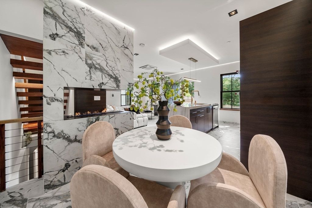 Dining room, Fireplace, Interior, Marble, Marble Walls, Recessed Lighting