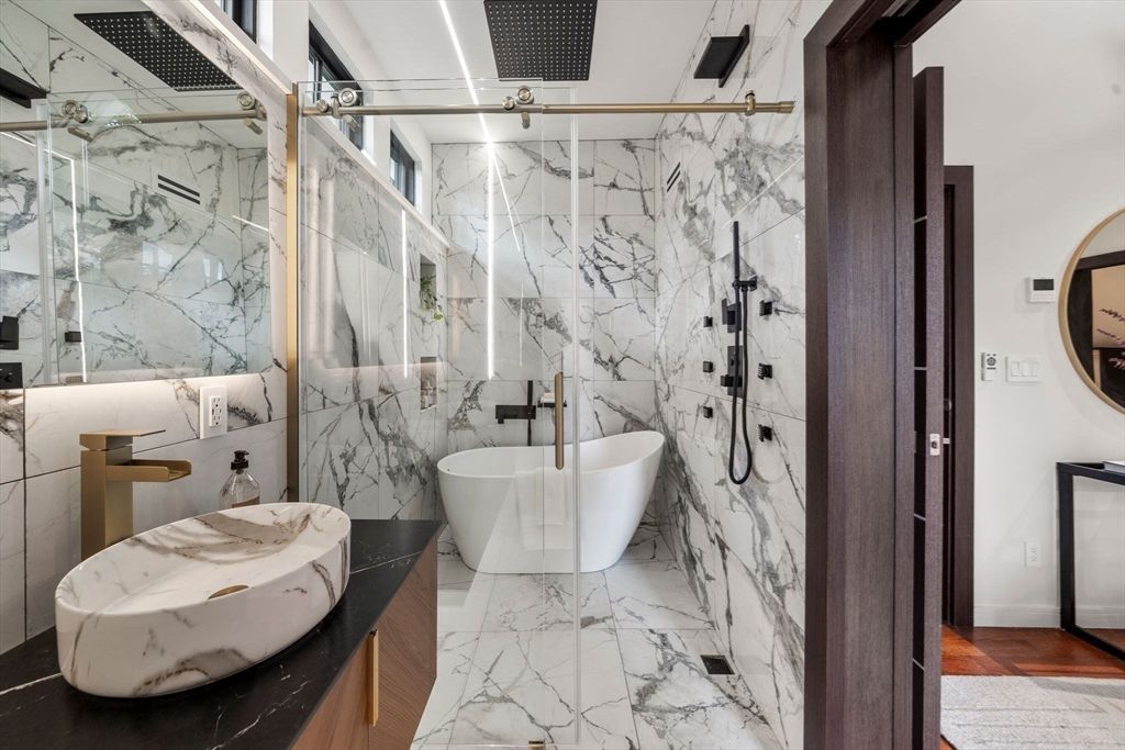 Bathroom, Free Standing Baths, Glass Shower, Interior, Marble, Marble Walls