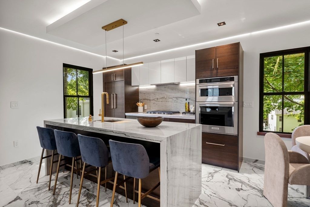 Interior, Kitchen, Marble, Pendant Lights, Recessed Lighting, Stainless Steel Appliances