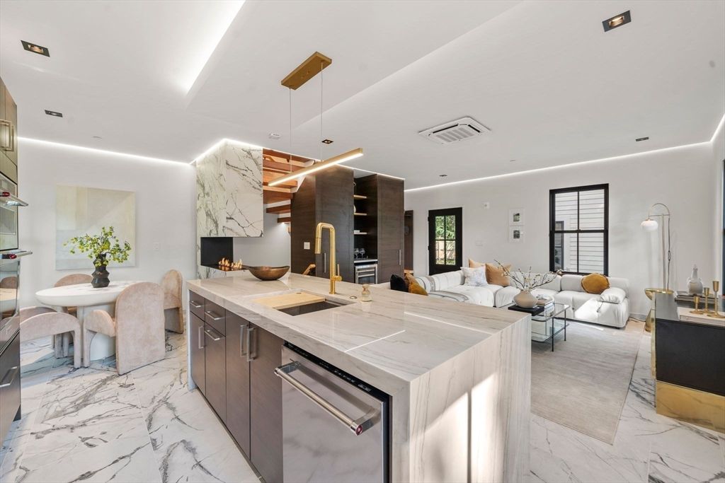 Dining room, Fireplace, Interior, Kitchen, Living room, Marble, Pendant Lights, Recessed Lighting, Stainless Steel Appliances