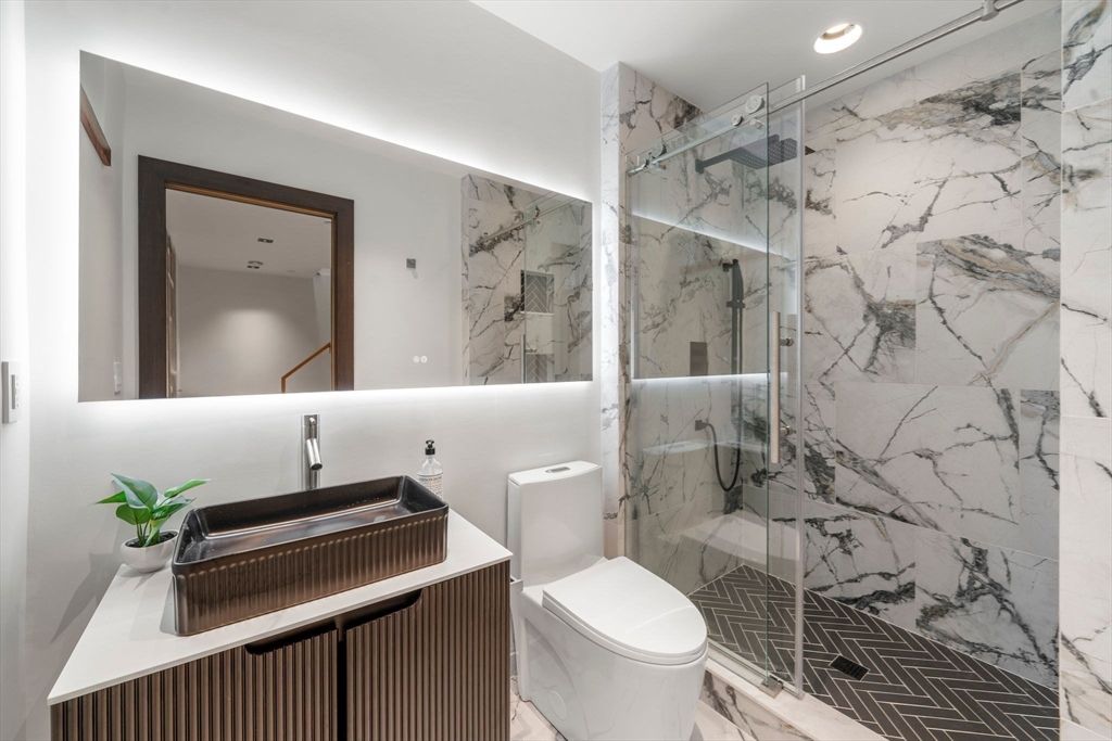 Bathroom, Glass Shower, Interior, Marble, Marble Walls, Recessed Lighting