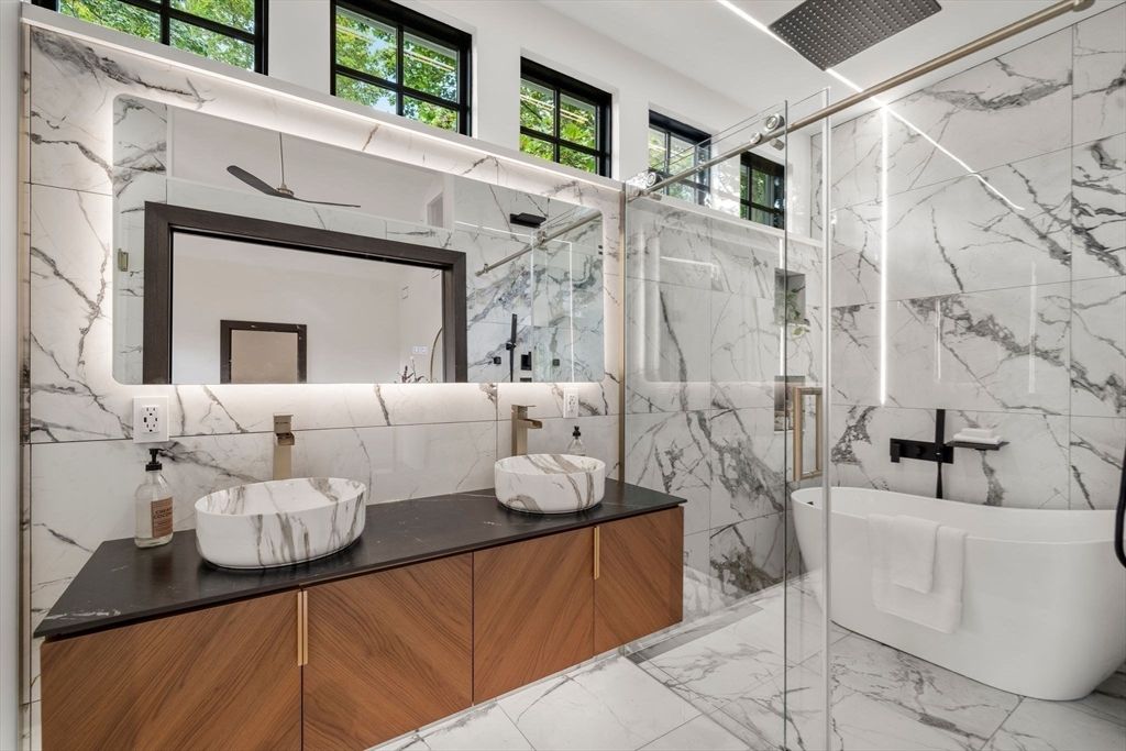 Bathroom, Dual Sink Vanities, Glass Shower, Interior, Marble, Marble Walls