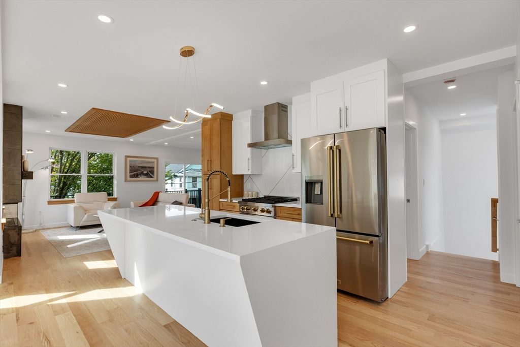 Interior, Kitchen, Living room, Pendant Lights, Recessed Lighting, Stainless Steel Appliances, Wood Texture Flooring