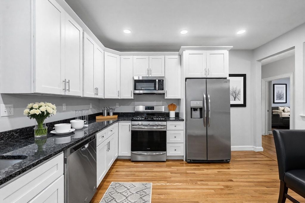 Interior, Kitchen, Recessed Lighting, Stainless Steel Appliances, Wood Texture Flooring