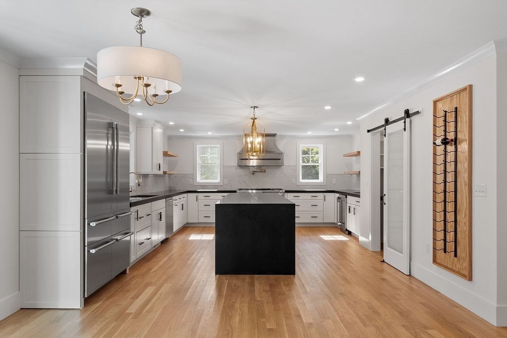 Chandelier, Interior, Kitchen, Recessed Lighting, Stainless Steel Appliances, Wood Texture Flooring