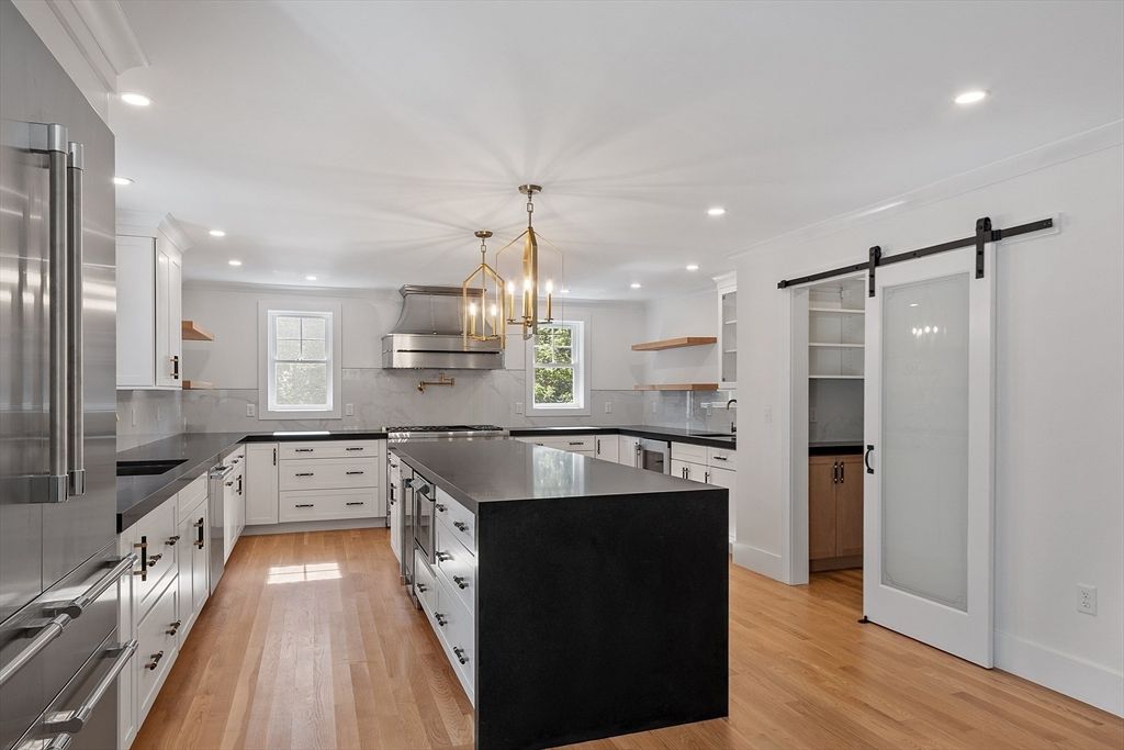 Interior, Kitchen, Pendant Lights, Recessed Lighting, Stainless Steel Appliances, Wood Texture Flooring