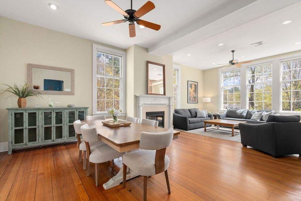 Dining room, Fireplace, Interior, Living room, Recessed Lighting, Wood Texture Flooring