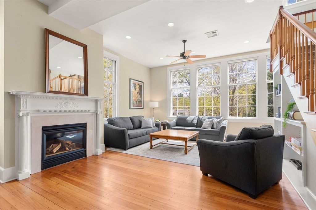 Fireplace, Interior, Living room, Recessed Lighting, Wood Texture Flooring