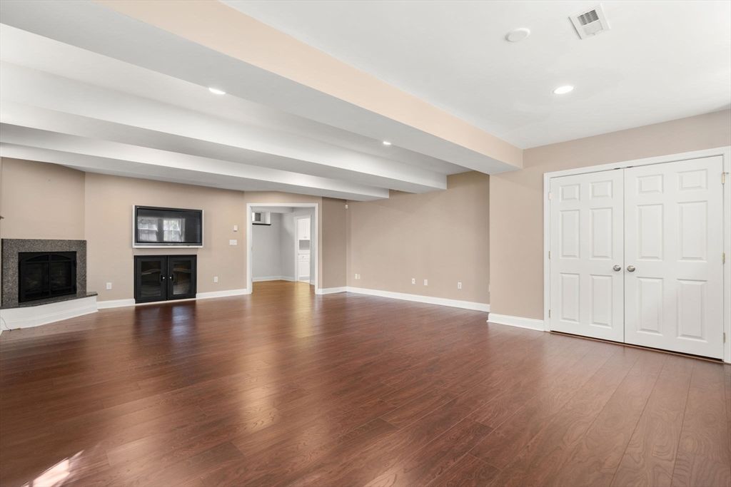 Empty room, Fireplace, Interior, Recessed Lighting, Wood Texture Flooring