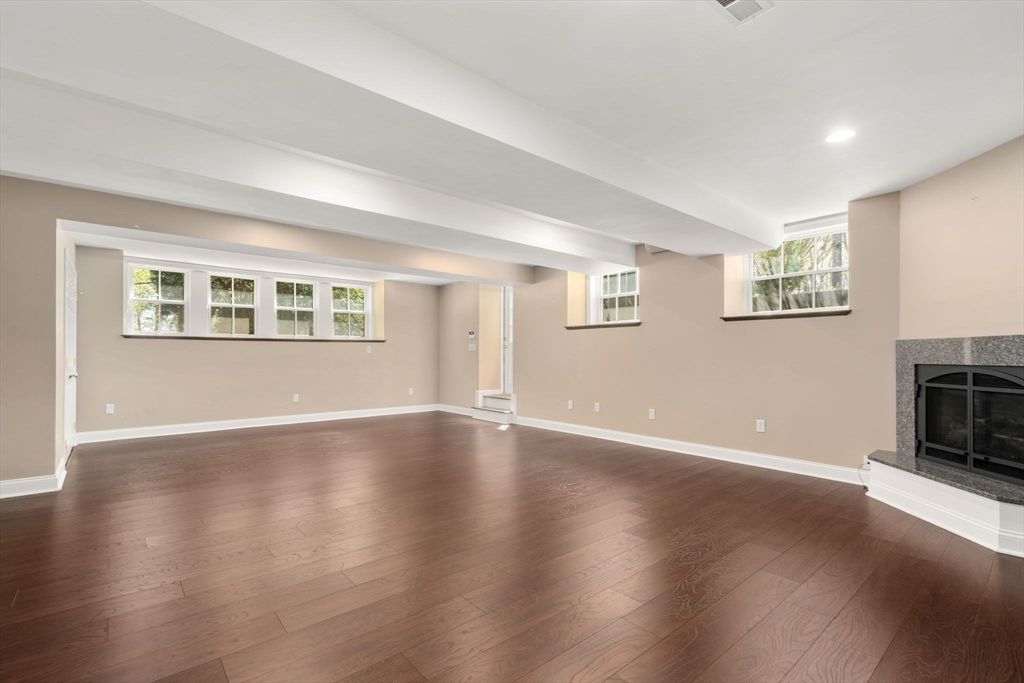 Empty room, Fireplace, Interior, Recessed Lighting, Wood Texture Flooring